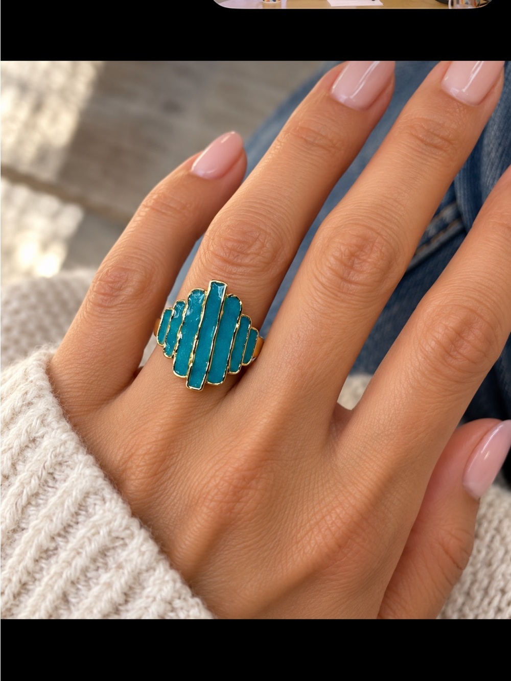Gold-Plated Teal Enamel Statement Ring